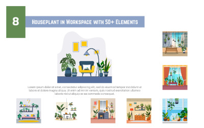 8 Pokojová rostlina v pracovním prostoru s více než 50 prvky - ilustrace