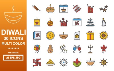 30 Diwali többszínű ikoncsomag