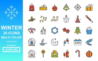 Pakiet 30 zimowych ikon w wielu kolorach