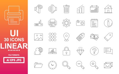 30 Uživatelské rozhraní UI Lineární Icon Pack