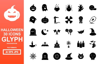 Zestaw 30 ikon halloweenowych glifów