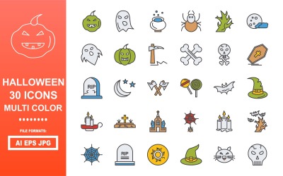 Zestaw 30 kolorowych ikon Halloween