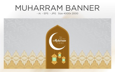 Muharram Islamic Arch and Lanterns Design Banner Template - Illustration