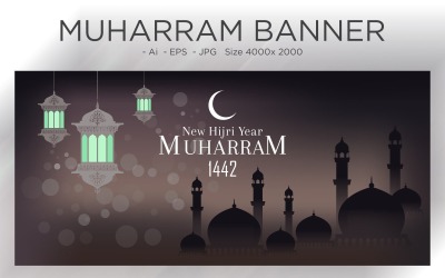 Muharram Islamic banner with Mosque Dome and Lanterns - Illustration