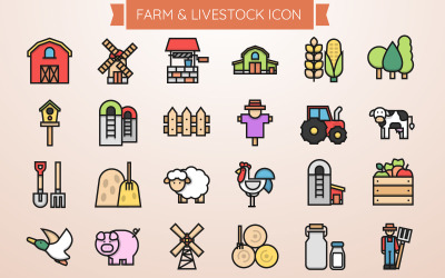 Modelo de conjunto de ícones de fazenda e gado