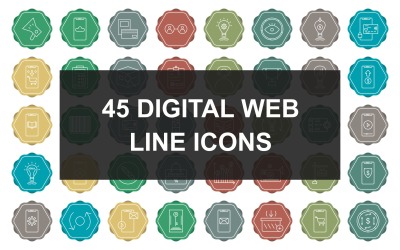 45 Digitális webes vonal többszínű háttér ikonkészlet sablon