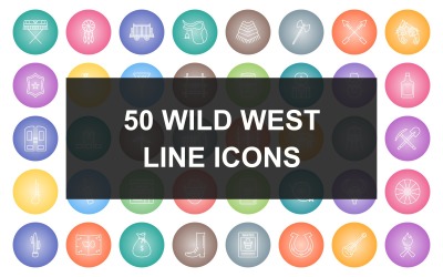 50 icone sfumate rotonde della linea Wild West