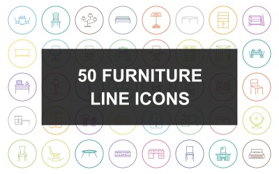 50 iconos de círculo redondo de línea de muebles