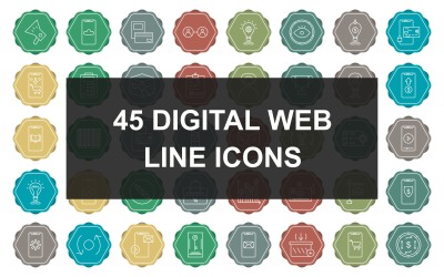 45 Modelo de conjunto de ícones de fundo multicolorido de linha digital da Web