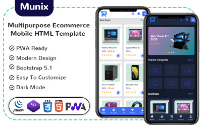 Munix - Többcélú e-kereskedelmi mobil HTML sablon