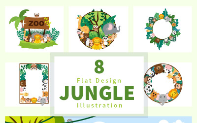 8 djungeldjur och zoo tecknad platt stil illustration