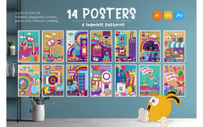 14 Children&#039;s Cards with Characters, 4 Seamless Patterns. Vectors