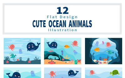 12 słodkie zwierzęta oceanu podwodne tło płaskie ilustracja