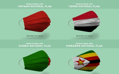 Medicinsk maskering Vietnam Yemen Zambia Zimbabwe med Nation Flags Product Mockup