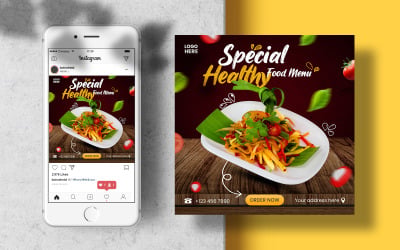 Banner di alimentazione di Instagram menu cibo sano. Modello di post sui social media
