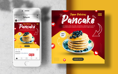 Post di Instagram del menu del cibo dei pancake. Banner modello di social media