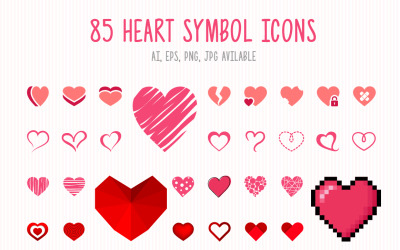 Modelo de conjunto de ícones de ícones de símbolo de 85 coração
