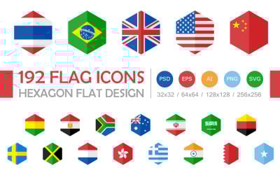 Plantilla de conjunto de iconos de diseño plano hexagonal de 192 iconos de bandera