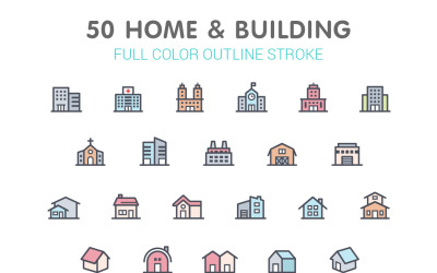 Modelo de conjunto de ícones de cores de casa e edifícios