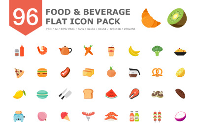 Modelo de conjunto de ícones planos de cores para alimentos e bebidas