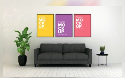 Gray Sofa In A Minimalistic Living Room With Three Frames On Walls Product Mockup