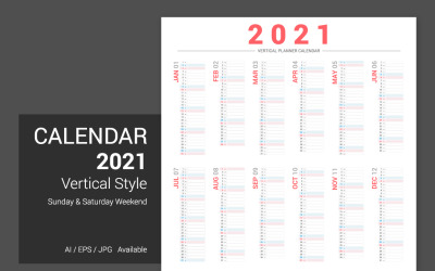 Calendário 2021 Design vertical, sábado e domingo, fim de semana com planejador de espaço de texto
