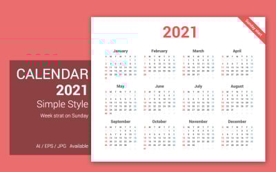 Calendario semplice 2021 Sunday Starts Planner