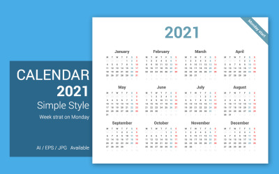 Calendrier simple 2021 Monday Starts Planner