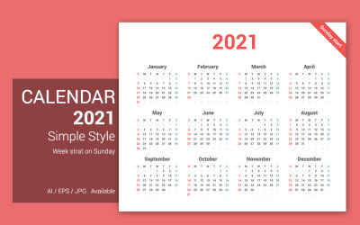 Calendrier simple 2021 Sunday Starts Planner