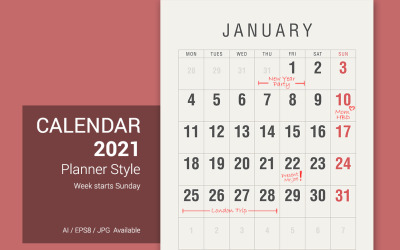 Календарь на 2021 год Планировщик в винтажном стиле. Неделя начинается в понедельник.