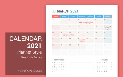 Kalendarz 2021 Planner Design Week rozpoczyna niedzielę Planner