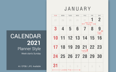 Kalendarz 2021 Planner Styl vintage Tydzień zaczyna się w niedzielę Planner