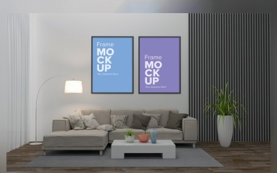 Modern soffa med färgglada kuddar och en lampa i ett vardagsrum på rammodell