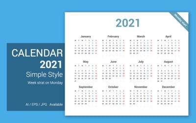 2021年简单日历星期一开始计划