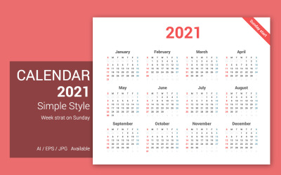 Prosty kalendarz 2021 Niedziela rozpoczyna planowanie