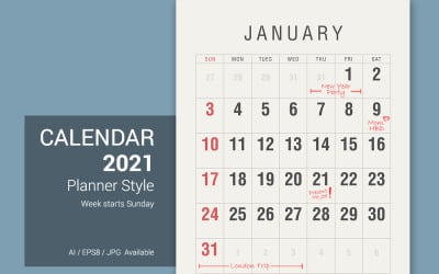 日历2021年计划者复古风格周从星期日计划者开始