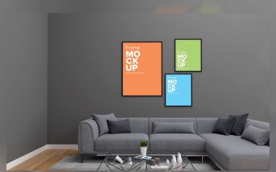 Modern Sofa With Colorful Cushions And A Lamp In A Living Room With Three Frame Mockup