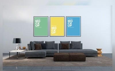 Sala de estar interior renderizada en 3D con maqueta de tres marcos