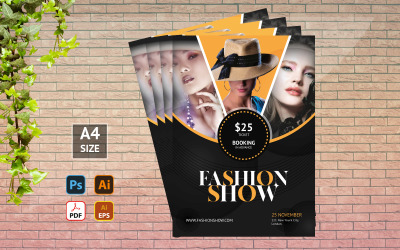 Modelo de identidade corporativa para folheto de desfile de moda em preto e amarelo