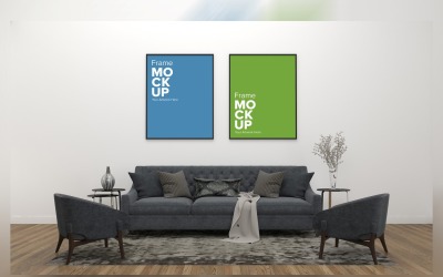 Comfortabele Woonkamer Grijze Bank Op Een Tapijt In De Buurt Van Een Kamerplant Mockup