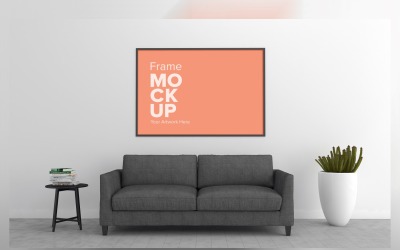 Grijze Bank In Een Minimalistische Woonkamer Met Frames Op Muren Mockup