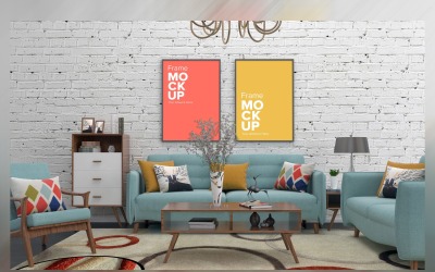 Moderne Bank Met Een Salontafel En Lampen Op Een Tapijt In Een Woonkamer Met Muren Frame Mockup