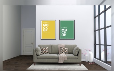 Moderne woonkamer, bank met kleurrijke kussens en mockup met twee frames