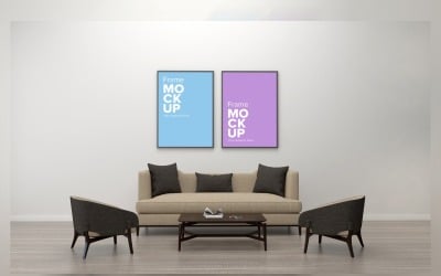 Sofá com mesa de centro e carpete em uma sala de estar com maquete de parede