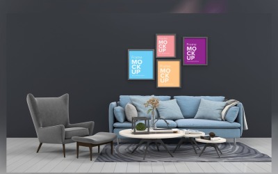 Sofá de luxo com mesa de centro e lâmpadas no tapete em uma sala de estar com moldura na parede