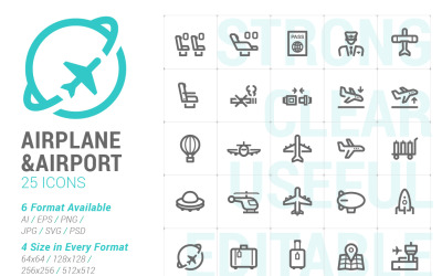 Plantilla de mini conjunto de iconos de avión y aeropuerto