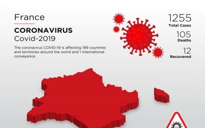 3D-kaart van het getroffen land in Frankrijk van de huisstijlsjabloon voor het coronavirus