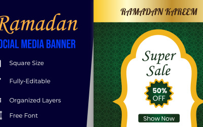 Banner gráfico de mídia social para venda de celebração do Ramadã