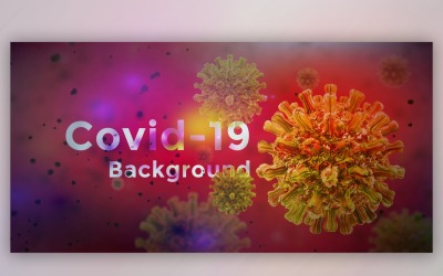 Cella di coronavirus in vista microscopica in rosso con illustrazione di banner di colore giallo