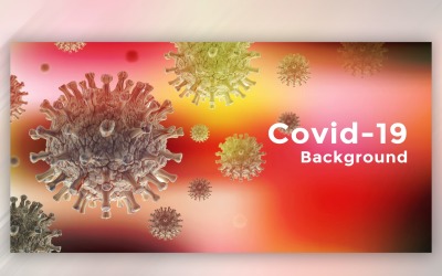 Célula de coronavírus em visualização microscópica com ilustração de banner nas cores vermelha e verde